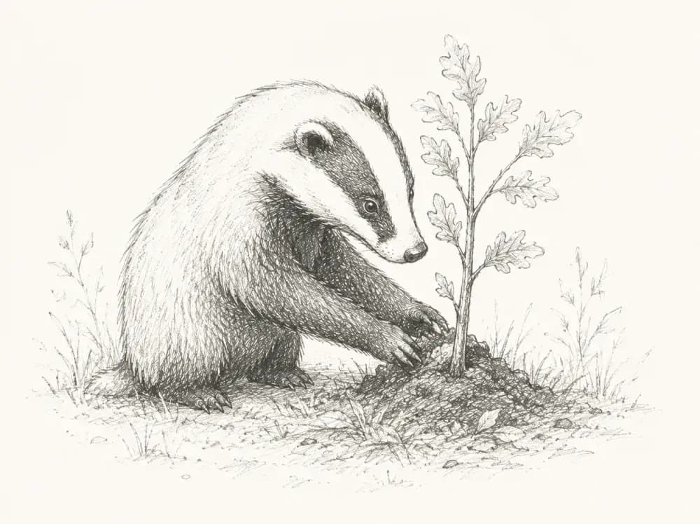 Hand-sketched badger tending a growing oak tree