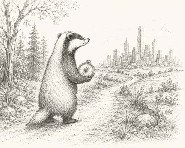 Hand-sketched badger on a woodland path with a compass, looking toward the horizon