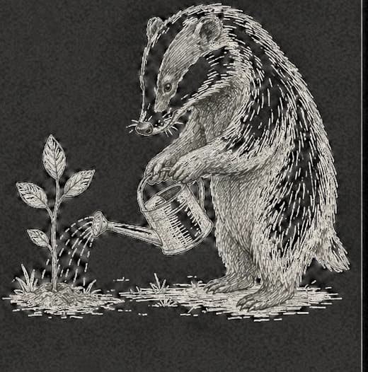 Sketched badger watering a growing plant