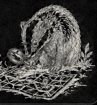 Sketched badger reading a map with a magnifying glass