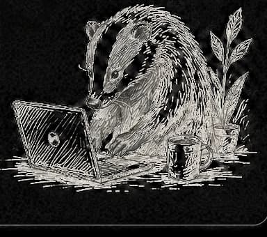 Sketched badger working at a laptop
