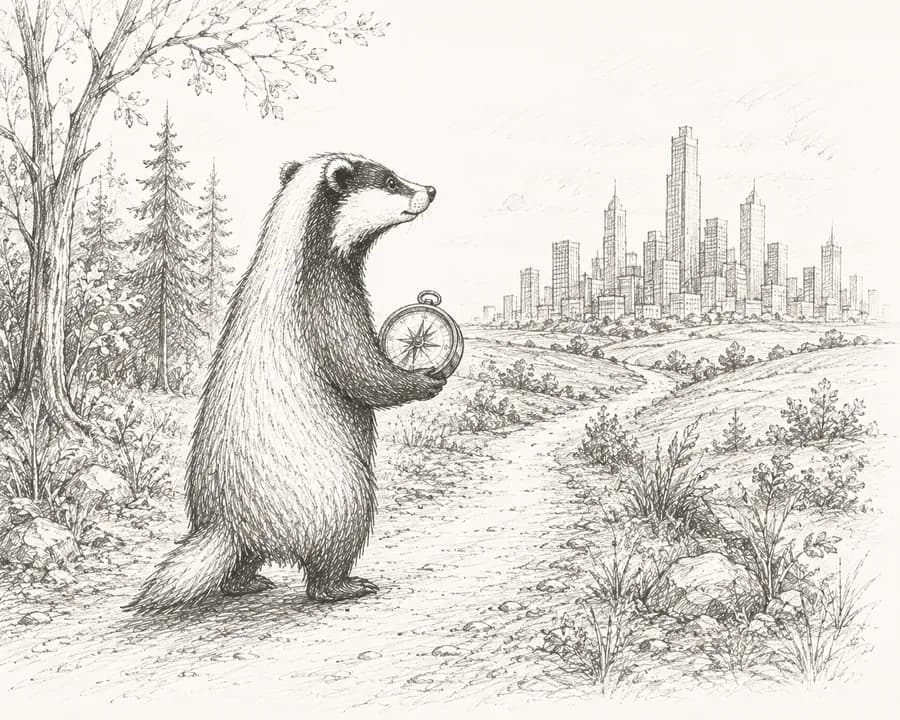 Hand-sketched badger holding a compass, looking ahead as search evolves towards AI