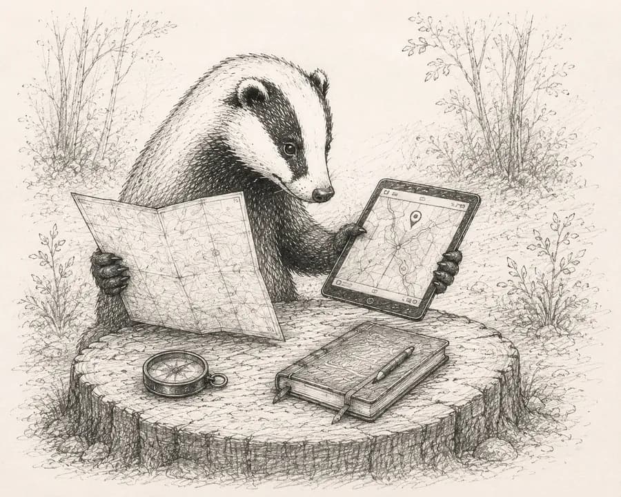 Hand-sketched badger studying a paper map and a digital tablet, comparing traditional search with AI search