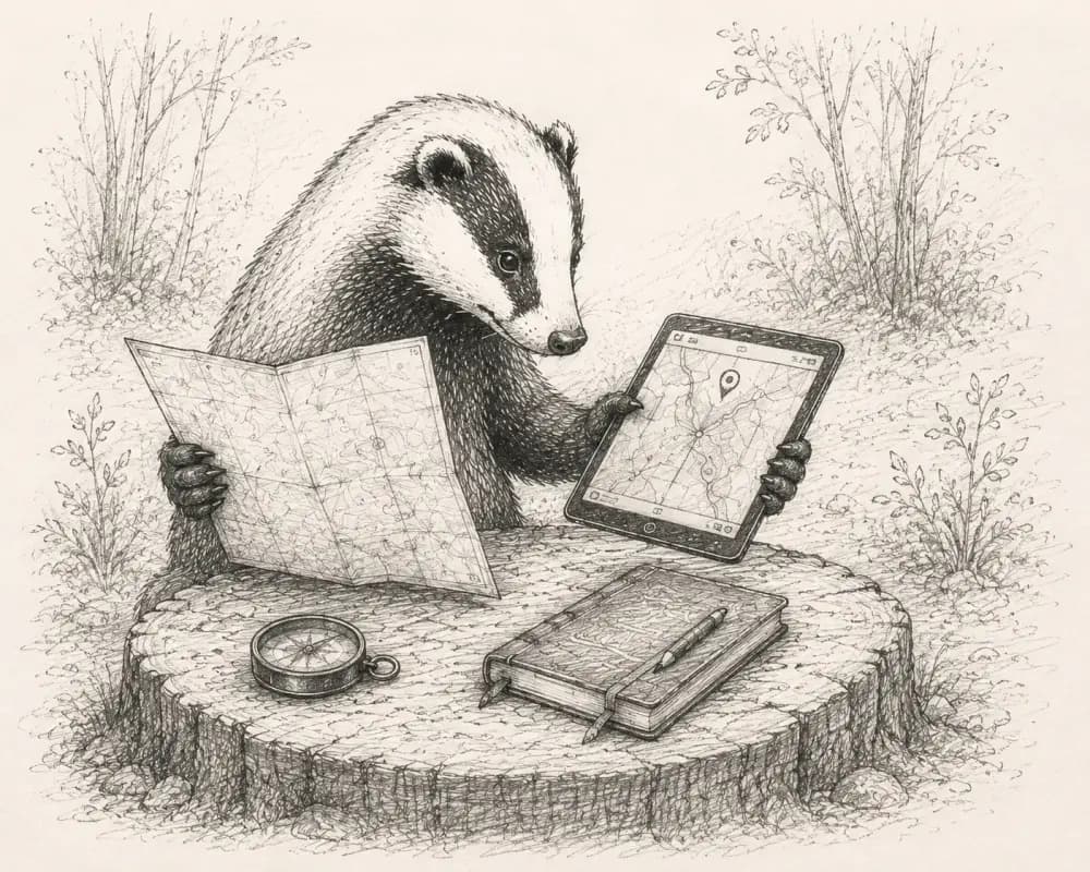 Hand-sketched badger comparing a paper map with a digital map