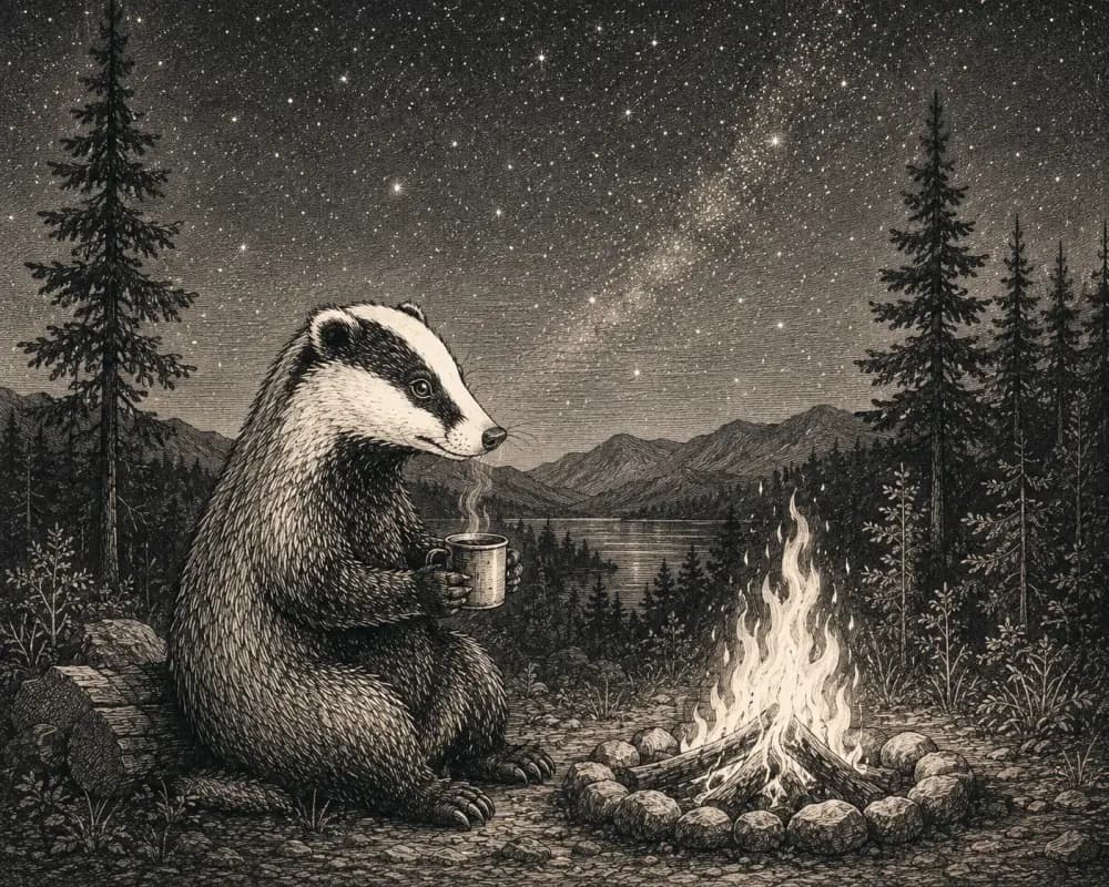 Hand-sketched badger beside a warmly lit sett