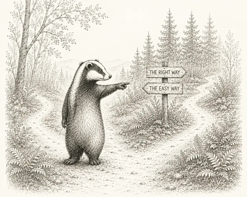 Hand-sketched badger at a woodland fork, beside a signpost