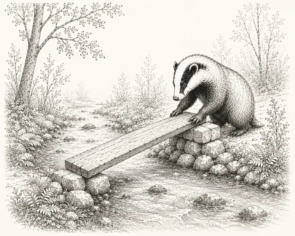 Hand-sketched badger building a wooden bridge across a stream