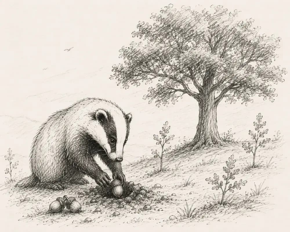 Hand-sketched badger planting an acorn beside a fully grown oak tree