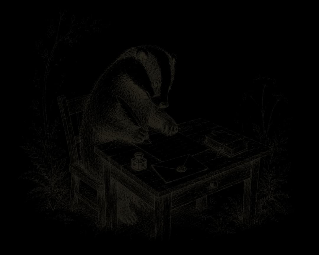 A hand-sketched badger sitting at a desk writing a letter with a quill