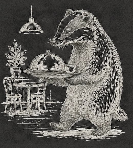Hand-sketched badger carrying a serving tray