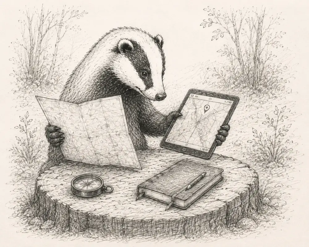 A hand-sketched badger comparing a paper map with a digital map on a tablet