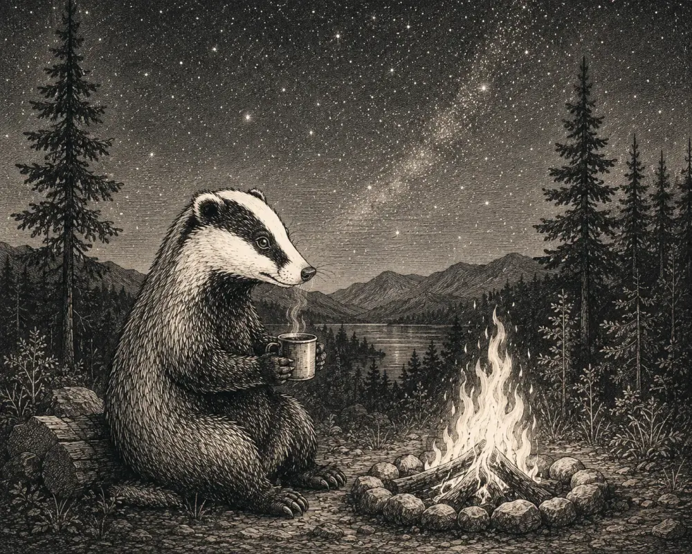A hand-sketched badger sitting beside a campfire under a starry sky, holding a warm mug