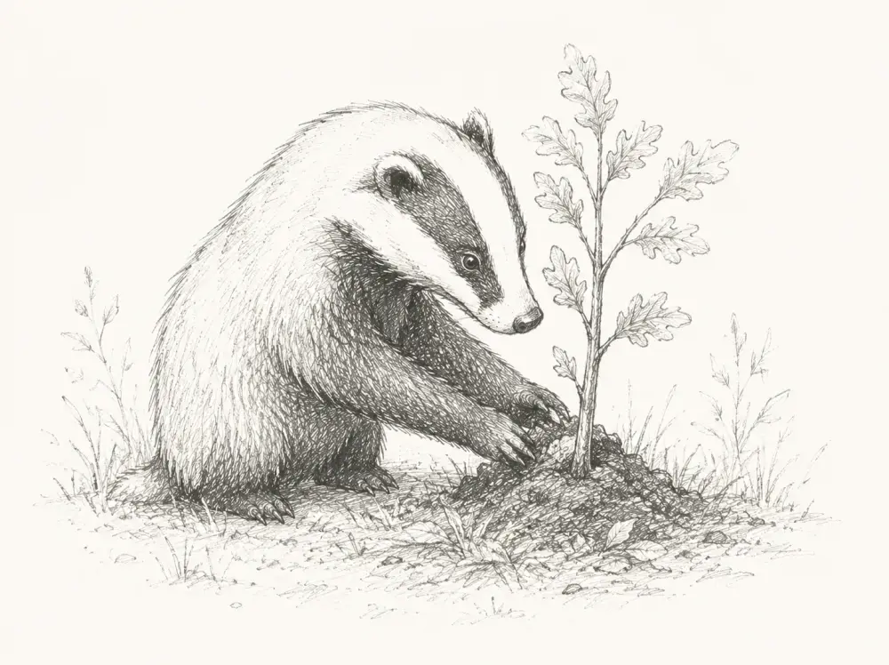 A hand-sketched badger tending a young oak sapling in woodland