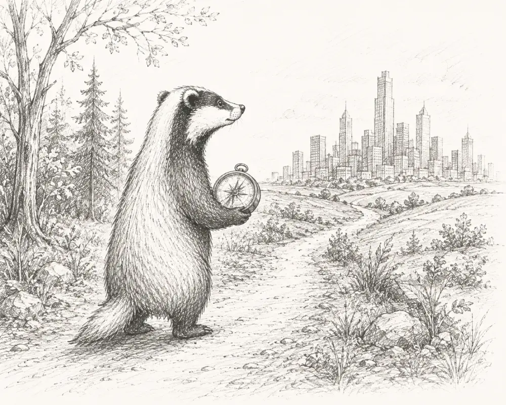 A hand-sketched badger on a woodland path holding an old compass, looking toward a modern city skyline