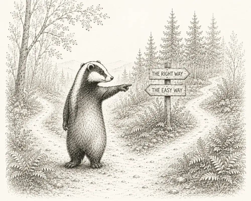 A hand-sketched badger pointing toward a signpost reading The Right Way and The Easy Way