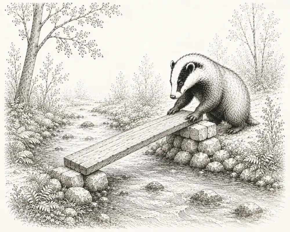 A hand-sketched badger building a wooden plank bridge across a woodland stream