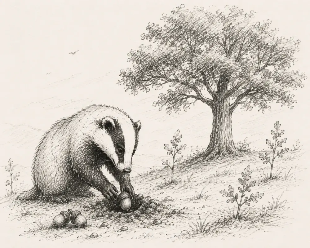 A hand-sketched badger planting an acorn beside a fully grown oak tree and young saplings