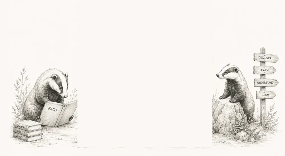 Two badgers illustrated in pencil — one reading a book of FAQs beside a stack of books, the other perched on a rock by a signpost reading Discover, Learn, Understand, Grow