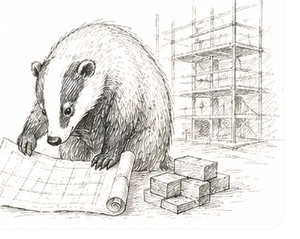 Sketched badger reading blueprints by scaffolding