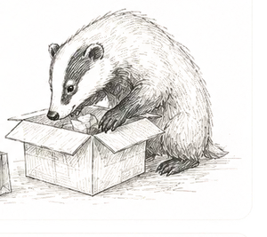 Sketched badger packing a parcel