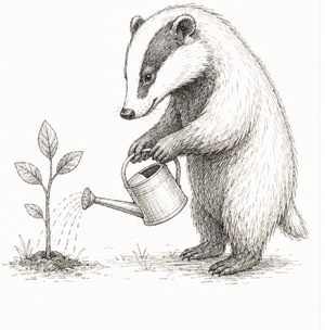 Sketched badger watering a growing plant