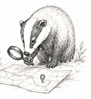 Sketched badger examining a map with a magnifying glass