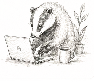 Sketched badger with glasses working at a laptop