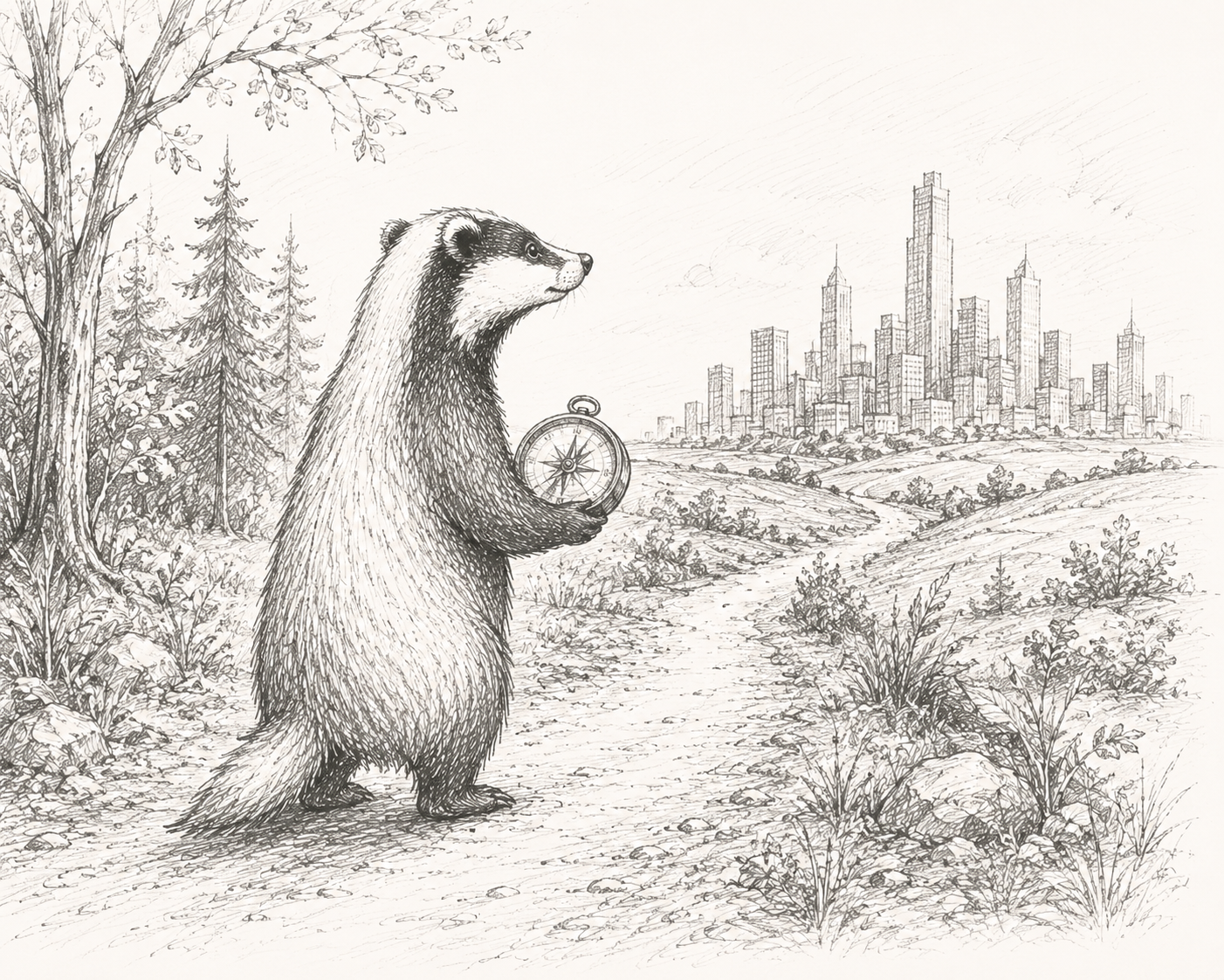 Hand-drawn Copper Badger illustration of a badger holding a compass, representing straightforward search marketing guidance