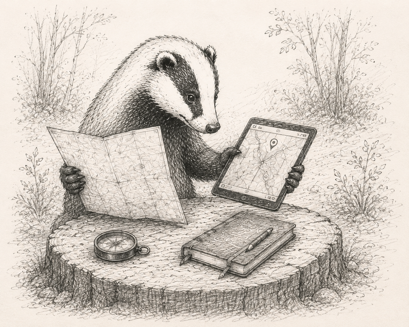 Hand-drawn Copper Badger illustration of a badger studying a map, representing search visibility research across Google and AI search