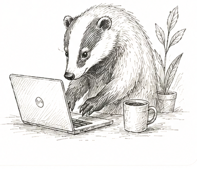 Hand-sketched badger with glasses working at a laptop on SEO