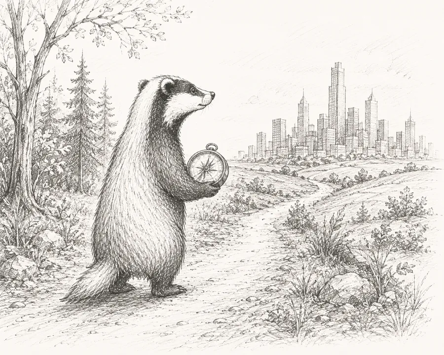 Hand-sketched badger holding a compass, guiding an SEO strategy