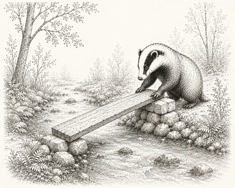 Hand-sketched badger crossing a bridge, representing Copper Badger bridging an agency and its clients behind the scenes