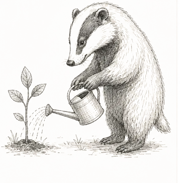 Hand-sketched badger watering a growing plant, representing an agency growing recurring revenue with white label SEO